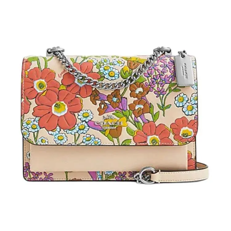 COACH Klare 21 Floral Print Chain-Strap Leather Crossbody Bag for Women, Small Size, Ivory White