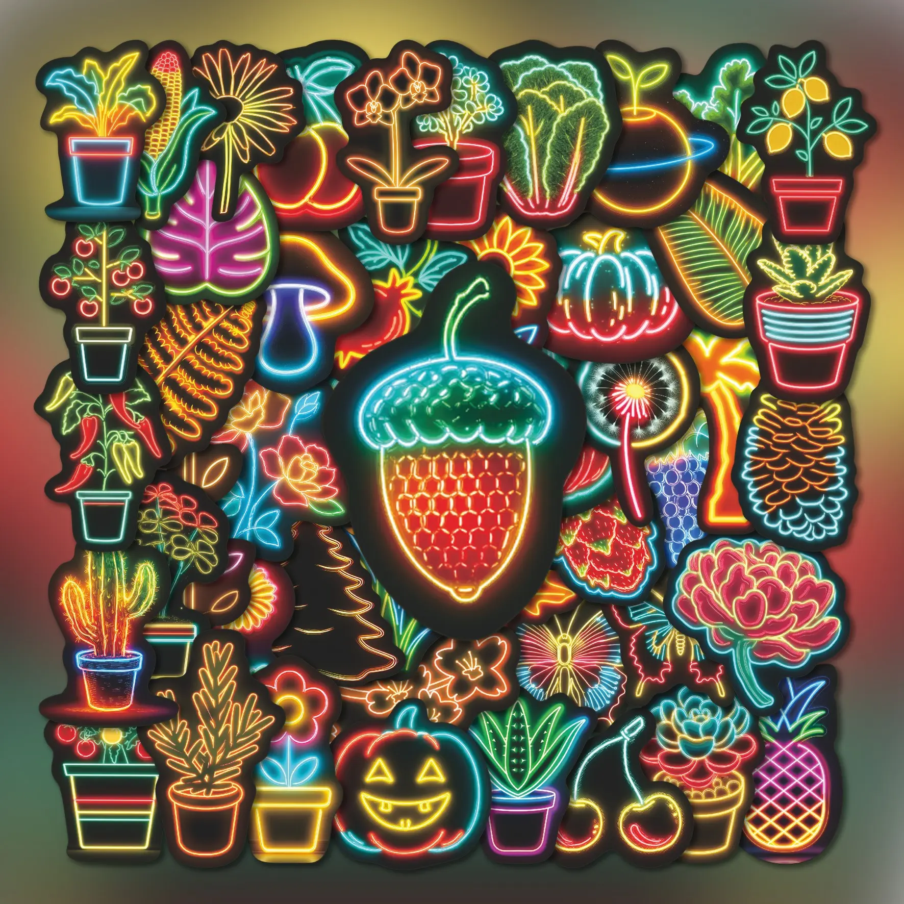 50Pcs Neon Style Plant & Fruit Stickers Pack, Waterproof Aesthetic Neon Sign Botanical & Vegetable Vinyl Decals for Water Bottle, Laptop, Phone Case & Scrapbook, Plant Lover Gift