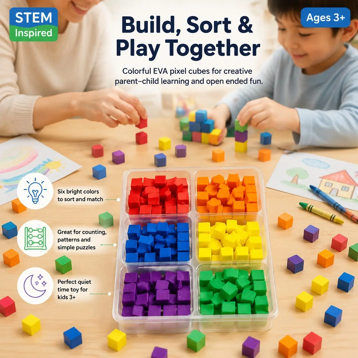 240pcs Sticky Eva Foam Blocks Sensory Toy, Six Colors Sound Soft Building Blocks, Early Education Color Recognition Stress Relief Puzzle Blocks