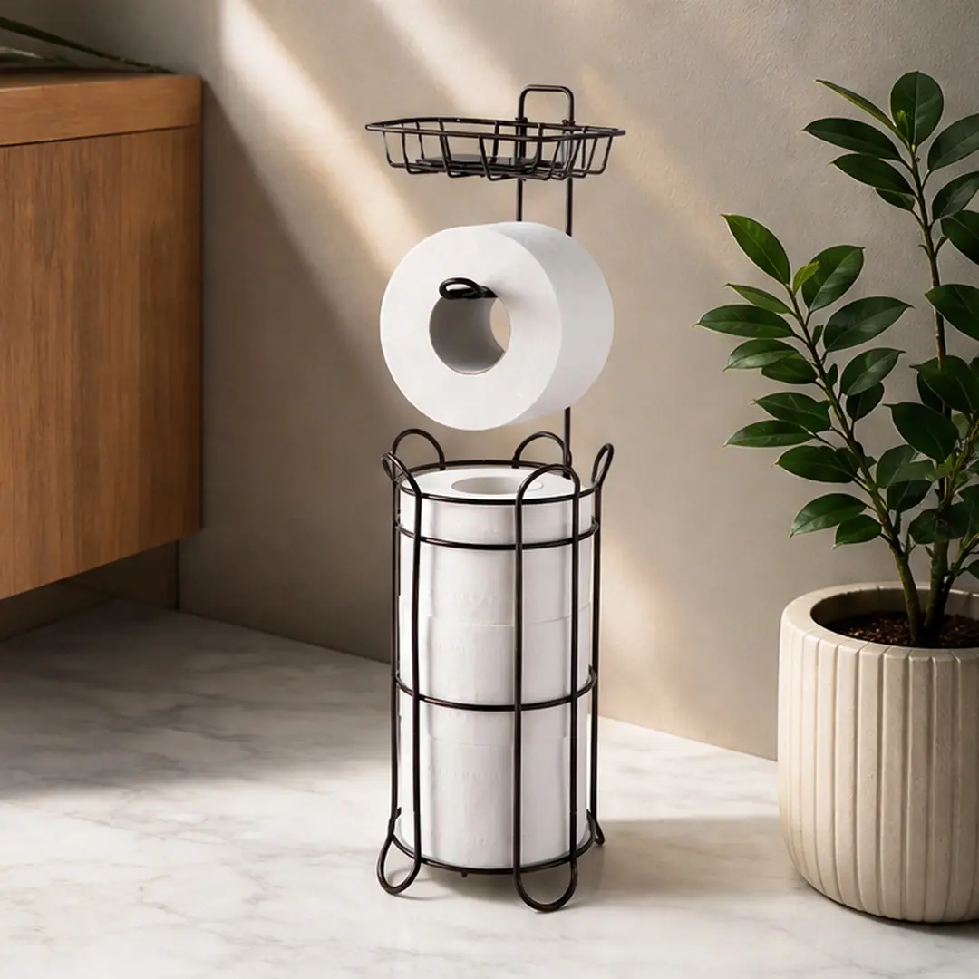 ARCH Brown Metal Freestanding Farmhouse Toilet Paper Holder Stand with Shelf, 24-in Multi-Function Set, Mega Roll Storage Rack, Built-In Magazine Tablet Phone Holder, Compact Small Space Bathroom Decor, Circular Design, Brown Options, Farmhouse Toilet Pap