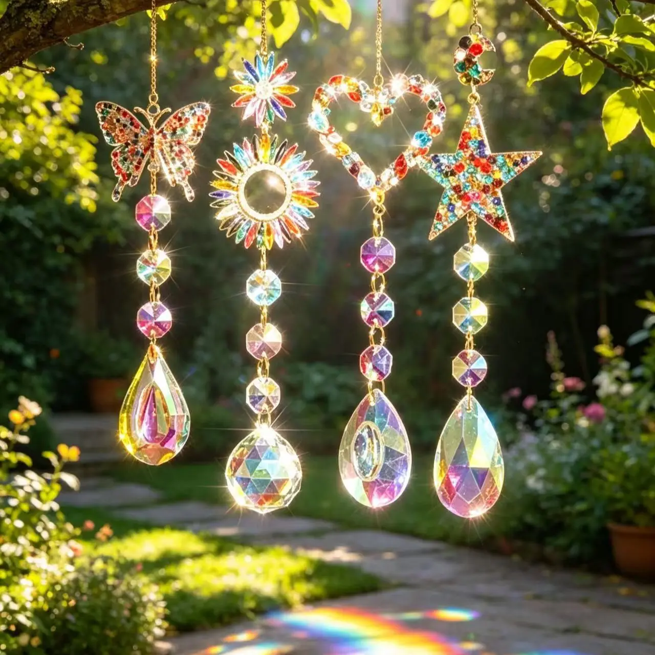 4pcs Handmade Crystal Sun Catchers, Butterfly Heart Garden Car Designs, Colorful Faceted Beads, Perfect for Valentine’s Day Decor