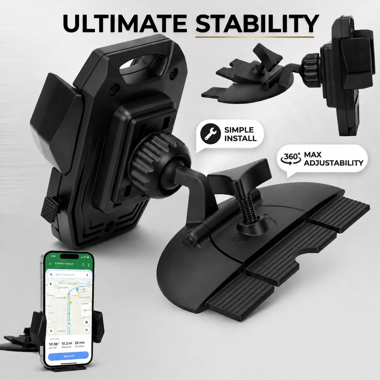 CD Slot Car Phone Mount [Ultra-Stable & Anti-Shake] - 360° Rotation Hands-Free Cradle Holder Compatible with iPhone 15 Pro Max & Smartphones