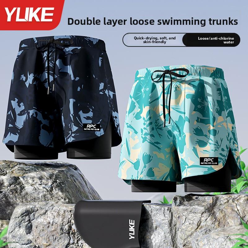 Adult double-layer swimming trunks men's flat-angle five-point swimsuit anti-embarrassment new professional beach adult swimming equipment one piece