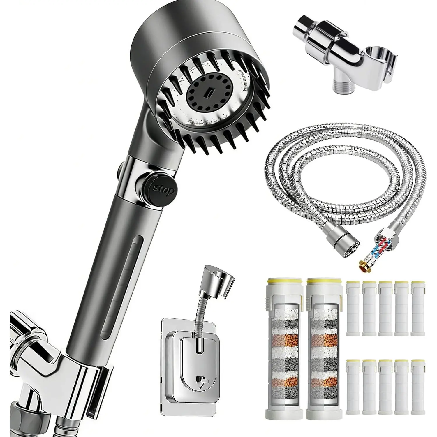 High Pressure Filtered Ion Handheld Shower Head for Hard Water Fix, Indoor Bath - 4 Spray Modes Combo with 12 Replacement Filters, 78" Extra-Long Hose, Adjustable Bracket & Mineral Beads