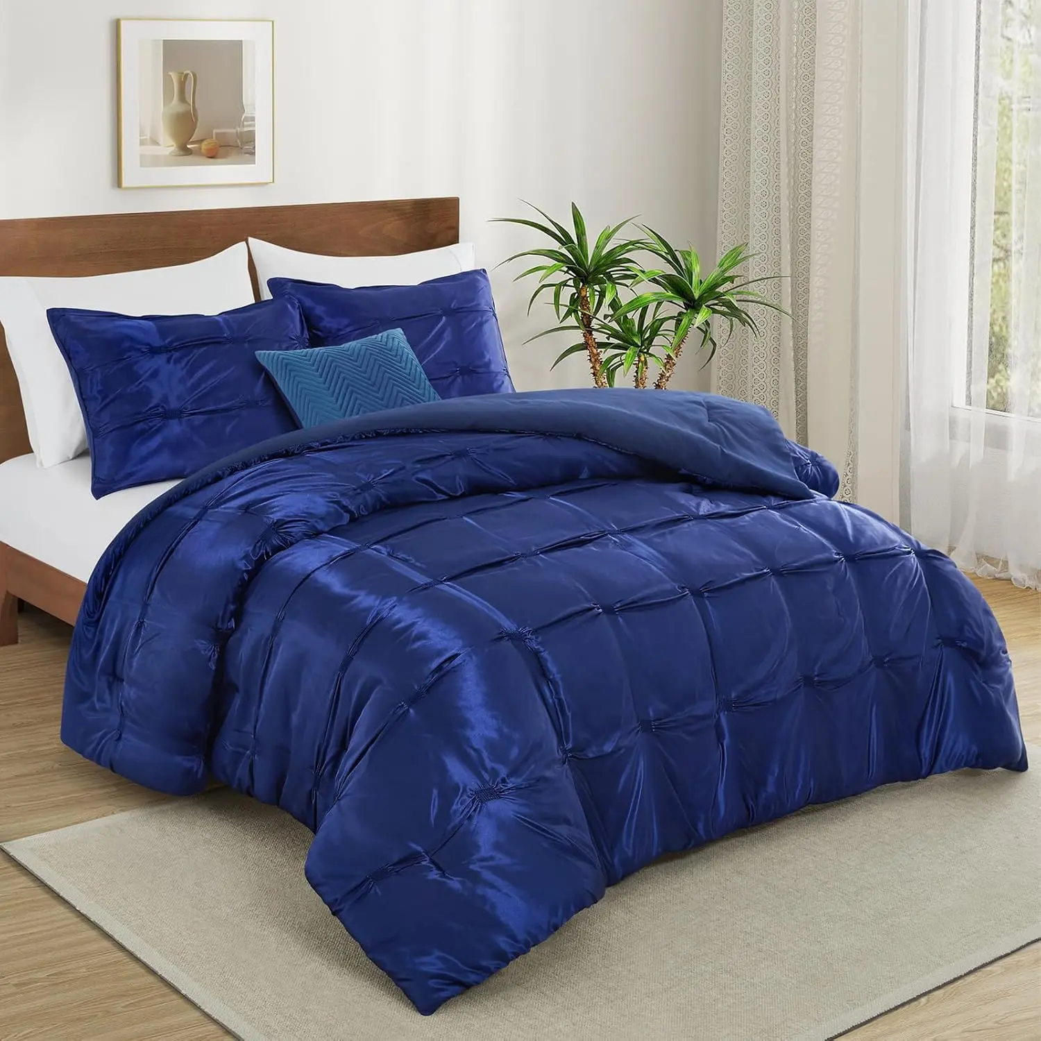 Full/ Size Satin Comforter Set Navy Blue, 3 count Soft and Lightweight Silk Bedding,    Down Alternative Comforter Bed Set