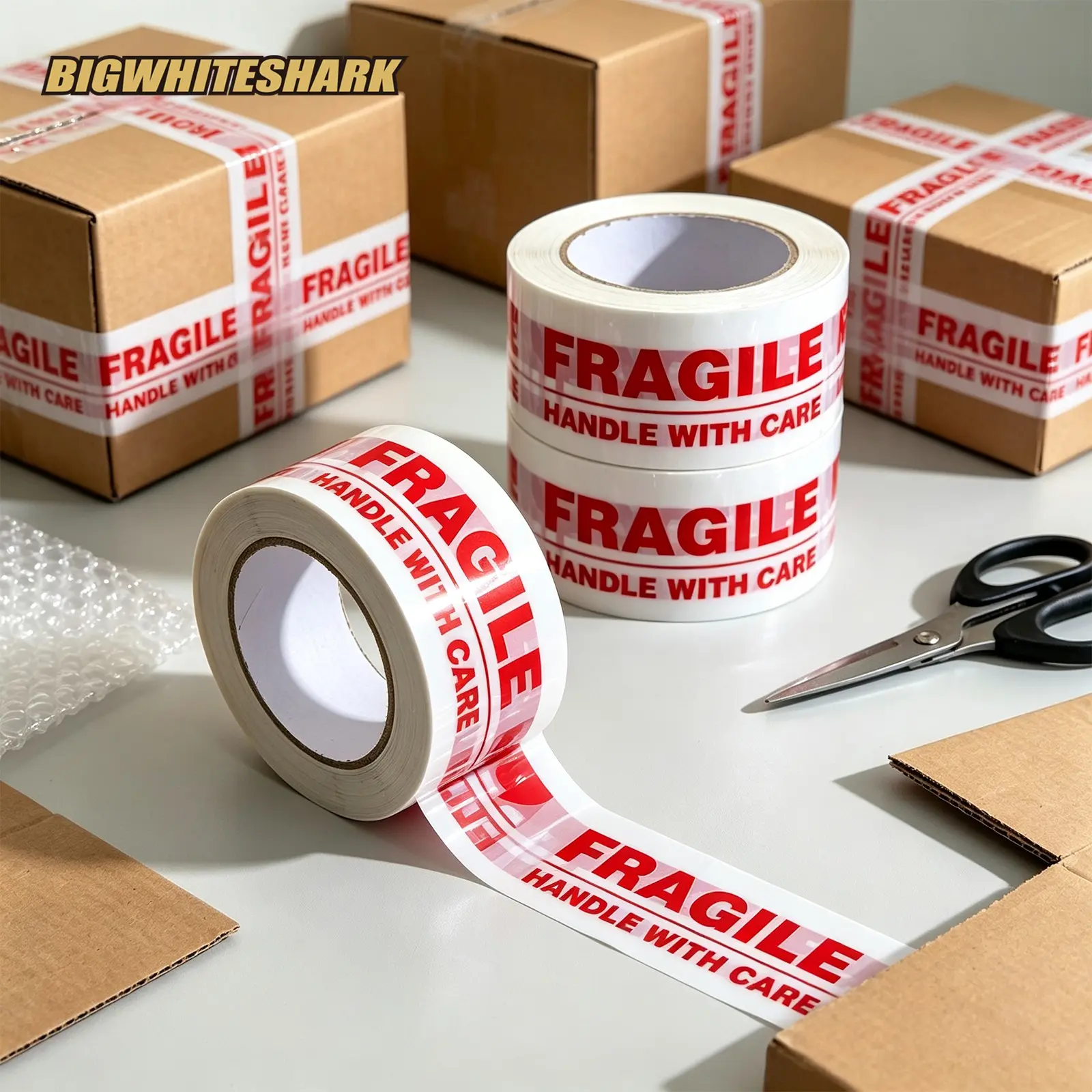 Heavy Duty Fragile Packing Tape, Size  4.8cm x 90m, High Strength Strong Adhesive Clear Shipping Tape with Red "FRAGILE HANDLE WITH CARE" Warning Print, Ideal for Moving, Warehouse Sealing, Box Packaging and Logistics