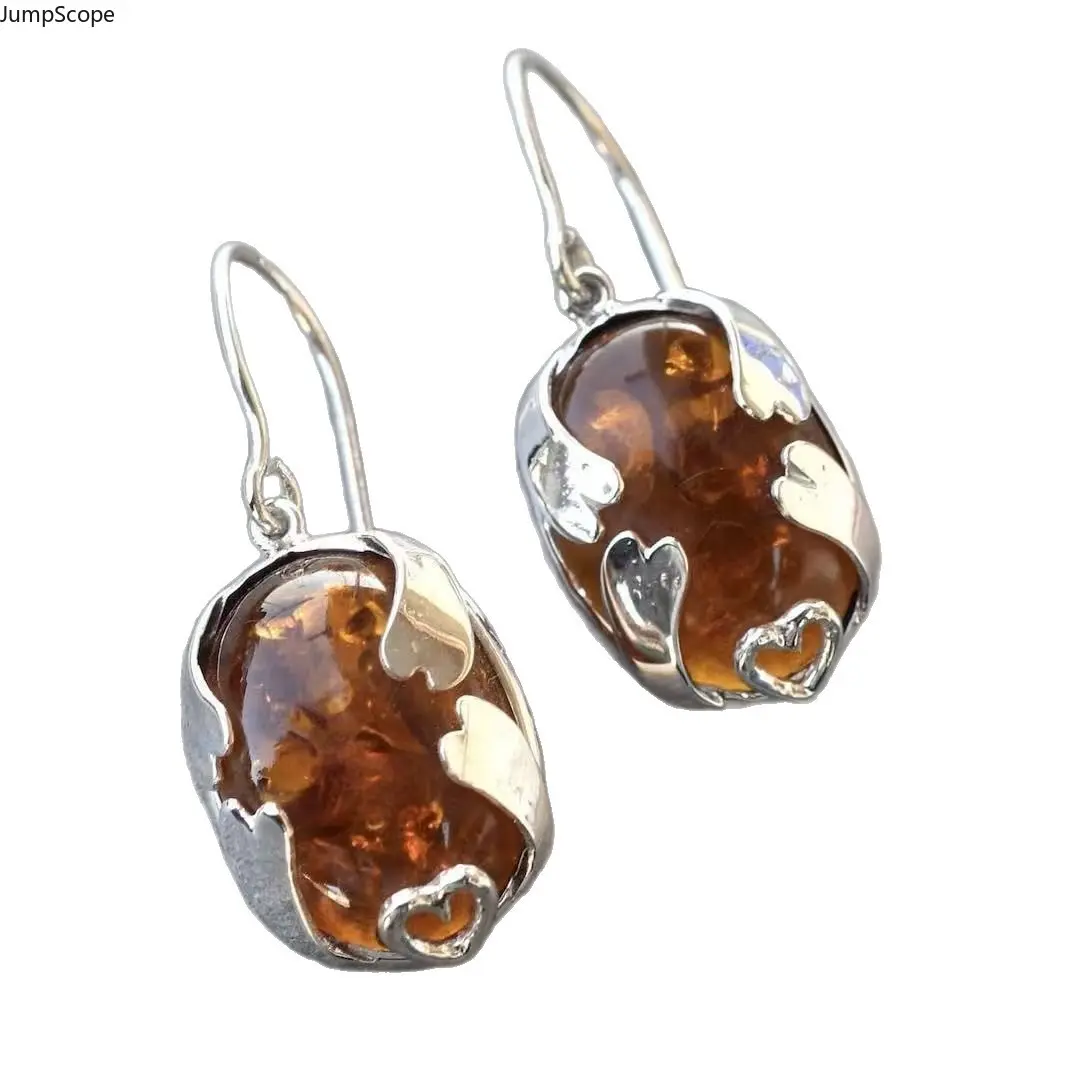 Vintage Champagne Amber Heart Wrapped Dangle Hook Earrings, Hypoallergenic Silver Tone Oval Stone Drop Ear Jewelry For Women Daily Date Night Boho Wear