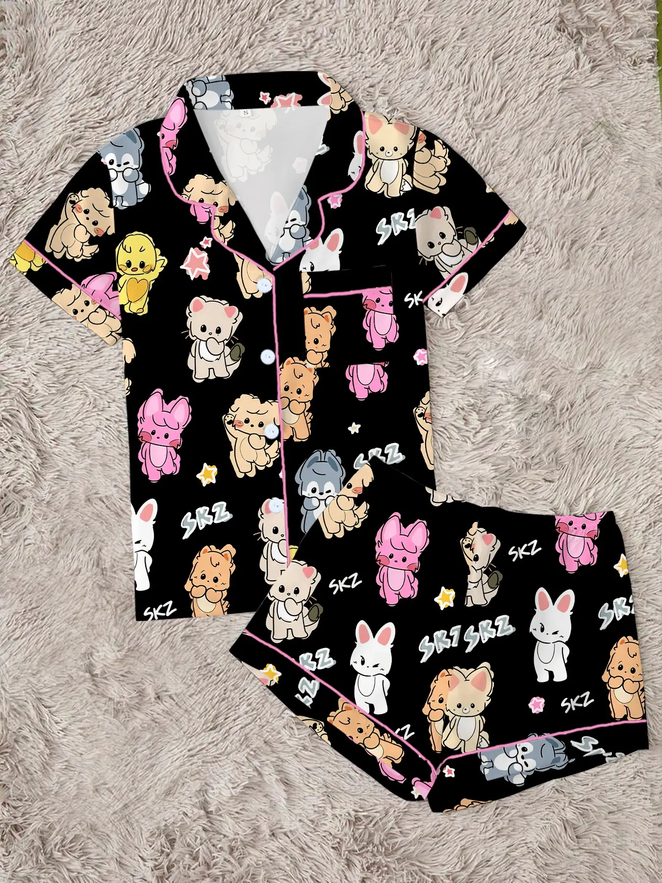 Women's Cartoon Animal Print Lightweight Pajama Set, Nightwear Loungewear Set, 2-Piece Short Sleeve Sleepwear, Cute Casual Fitted Nightgown, Perfect Summer Gift