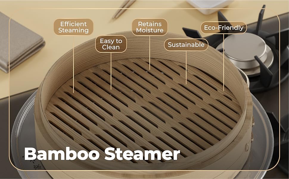 Bamboo Steamer Basket 10-Inch |   2-Tier Steamer for Cooking |   50 Liners, Chopsticks, Sauce Dish |   Steaming Asian Food, Bao Buns, Chinese, Dim Sum, Dumpling, Rice, Vegetable Steam Pot