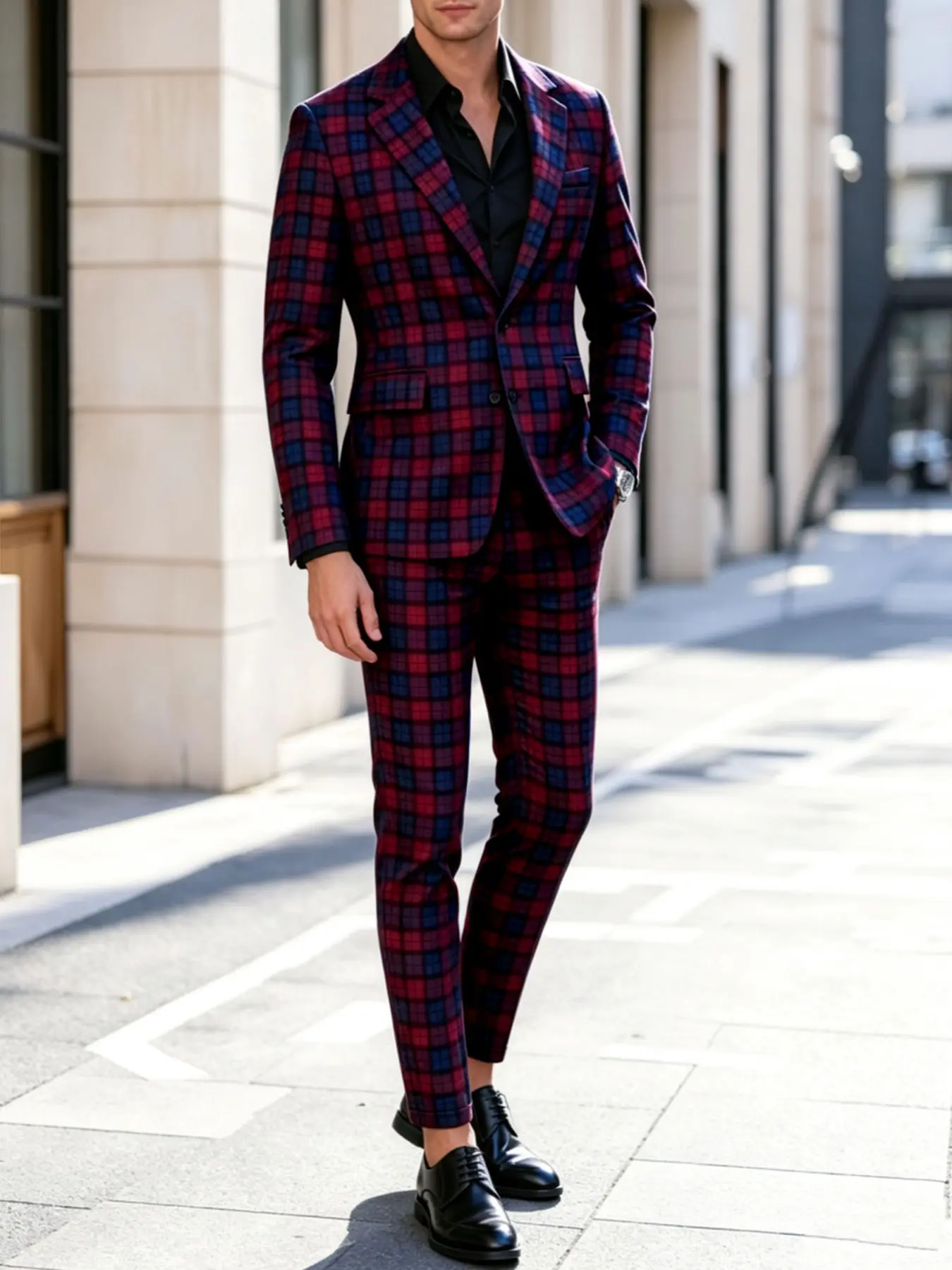 Men's Blazer Set, Two-Button Plaid Blazer Jacket, Plaid Pants with Belt Loops, Lightweight Business Casual Suit, Trendy Leisurewear