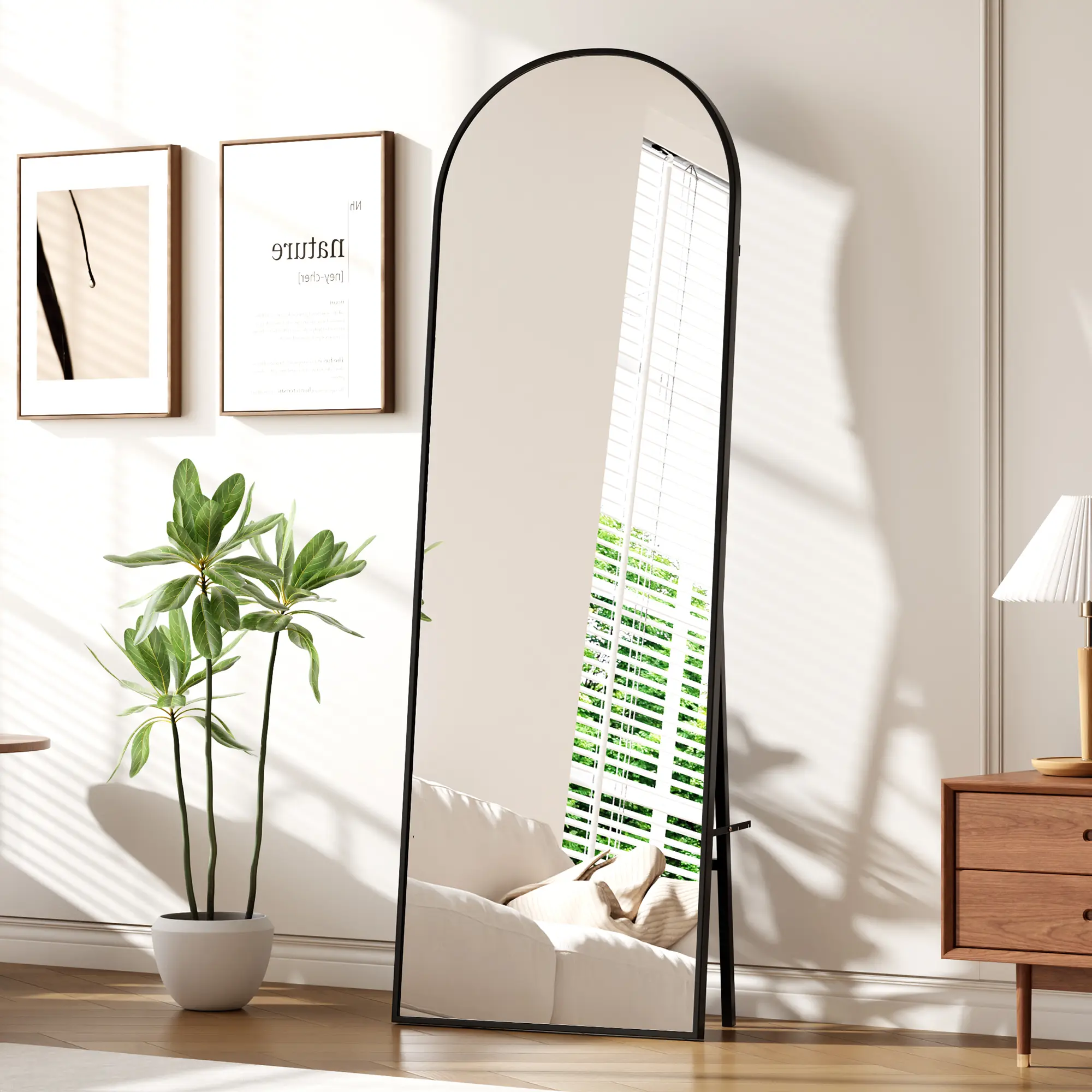 Modern Arched Full Length Mirror, 65x22 Inch with Stand and Dimmable 3-Color LED Lights – Aluminum Frame, Freestanding or Wall-Mounted – Perfect for Bedroom, Living Room or Entryway
