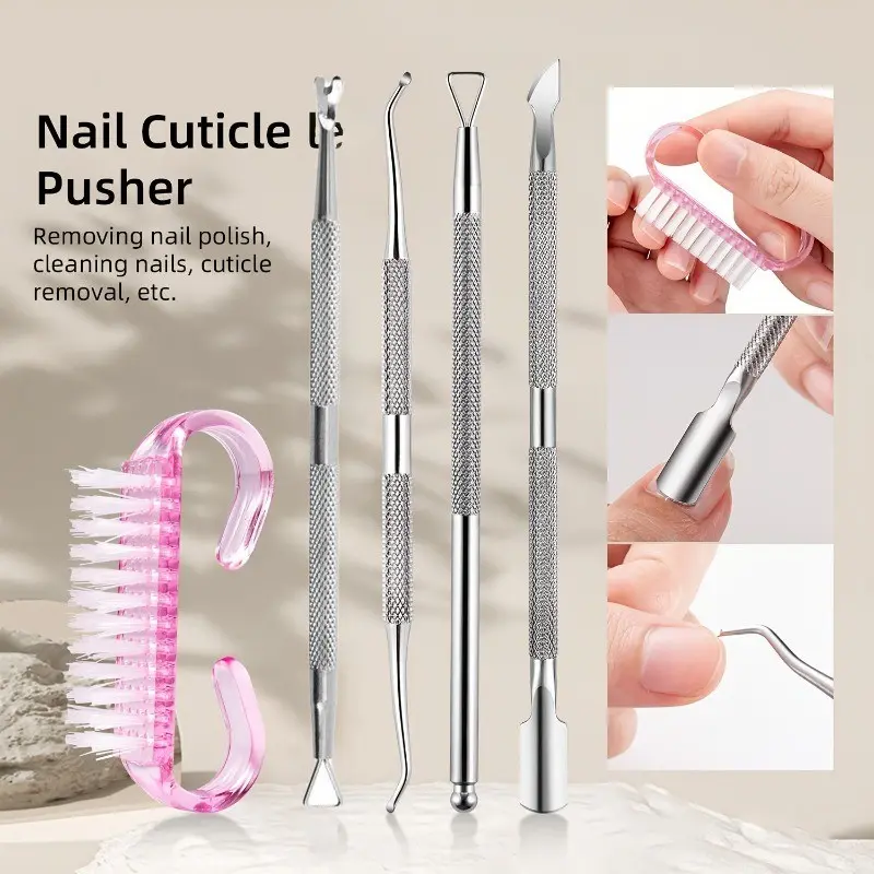 5-Piece Manicure Kit, Stainless Steel Nail Pusher, Cuticle Remover, Nail Cleaner Brush, Gel Polish Remover, Pedicure Tool Set