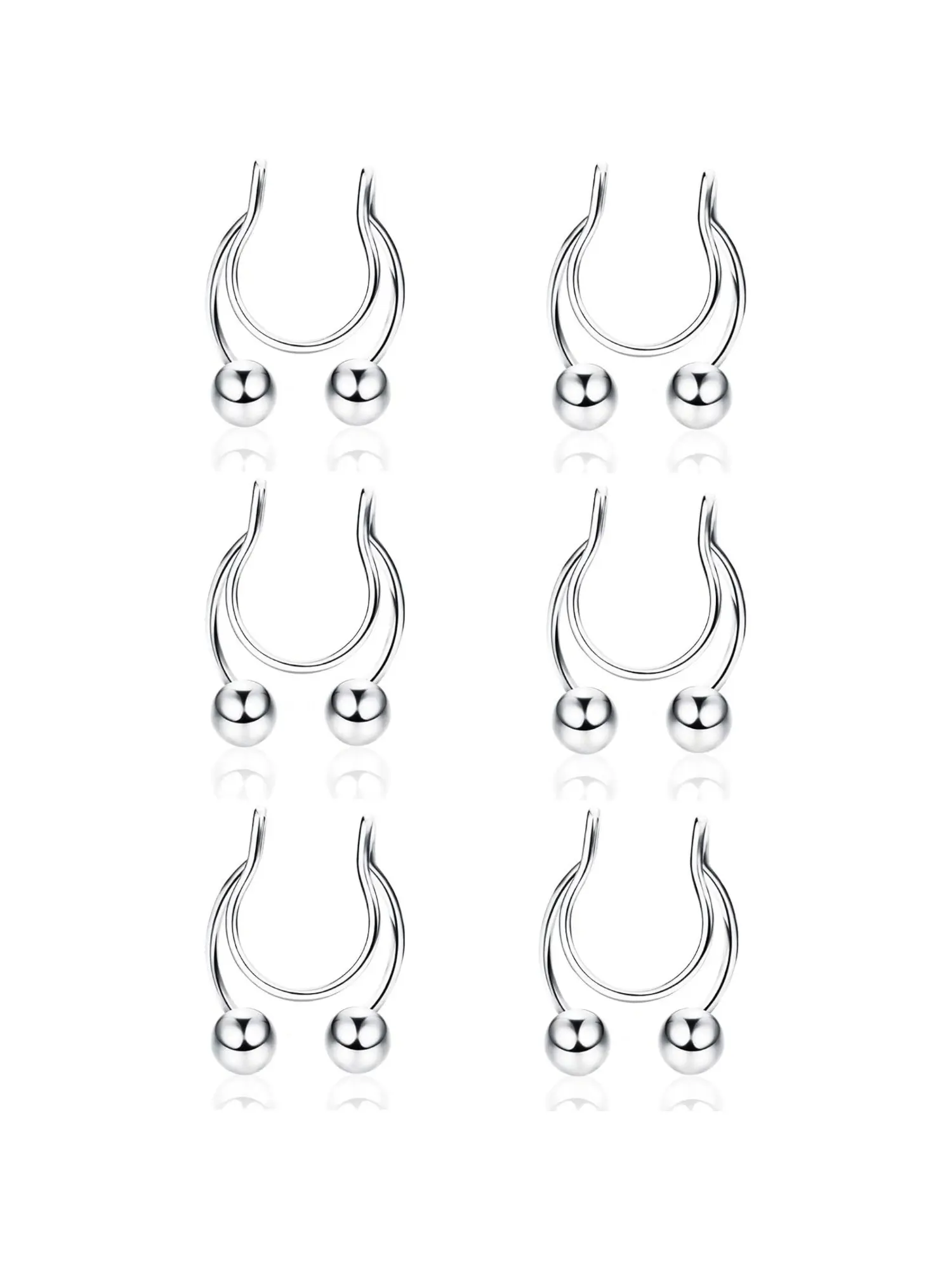 6 Pcs Silvery Double Ball U Shape Fake Septum Piercing, Septum Rings, for Unisex Sensitive Skin Hypoallergenic Stainless Steel No-puncture Nasal Cuff Jewelry Wire Horseshoe Nose Ring Minimal Hollow Clip on Nostril Accessory Simple Punk Street Styling