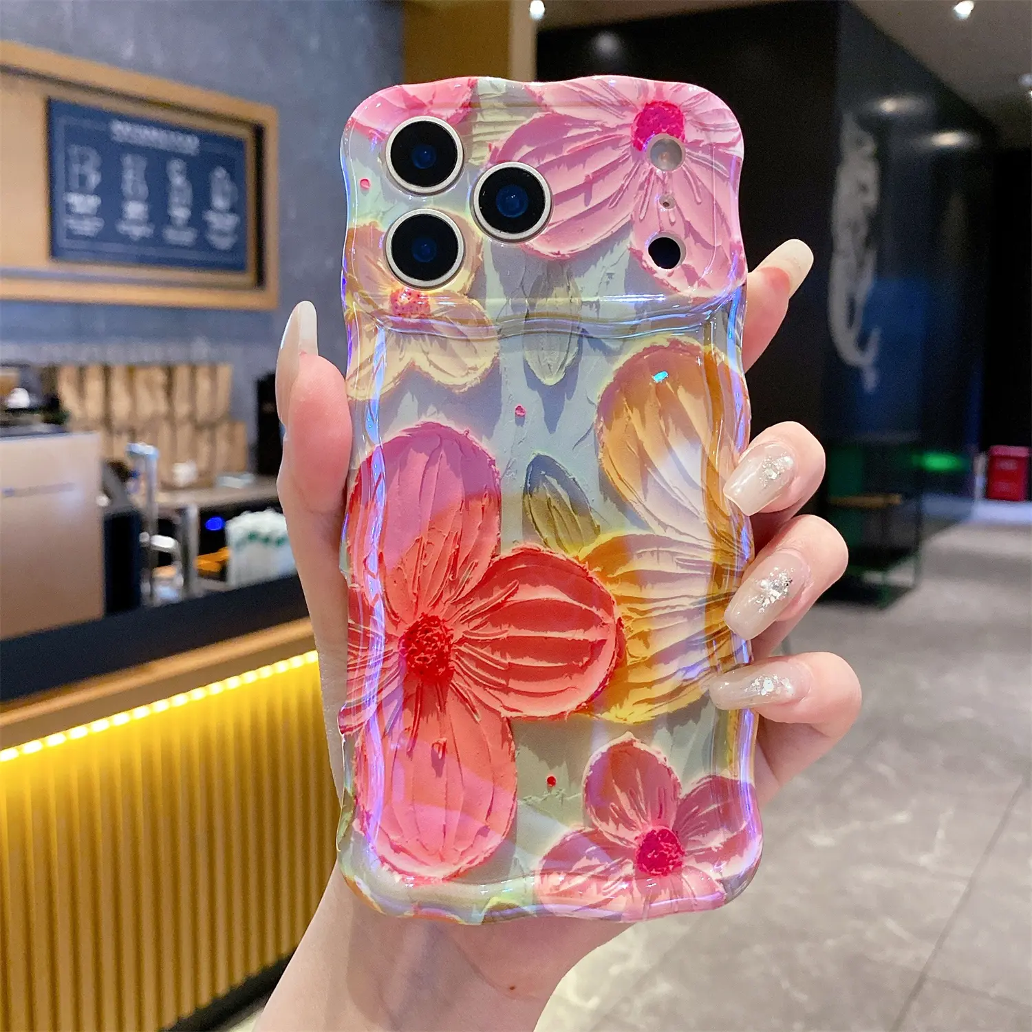 OREYROY Colorful Retro Oil Painting Floral Case for iPhone 17 16 15 14 13 12 11 Pro Max ,Flower Pattern Cute Curly Wave Frame Phone Case Camera Protection, Soft Protective Cover for Girls & Women