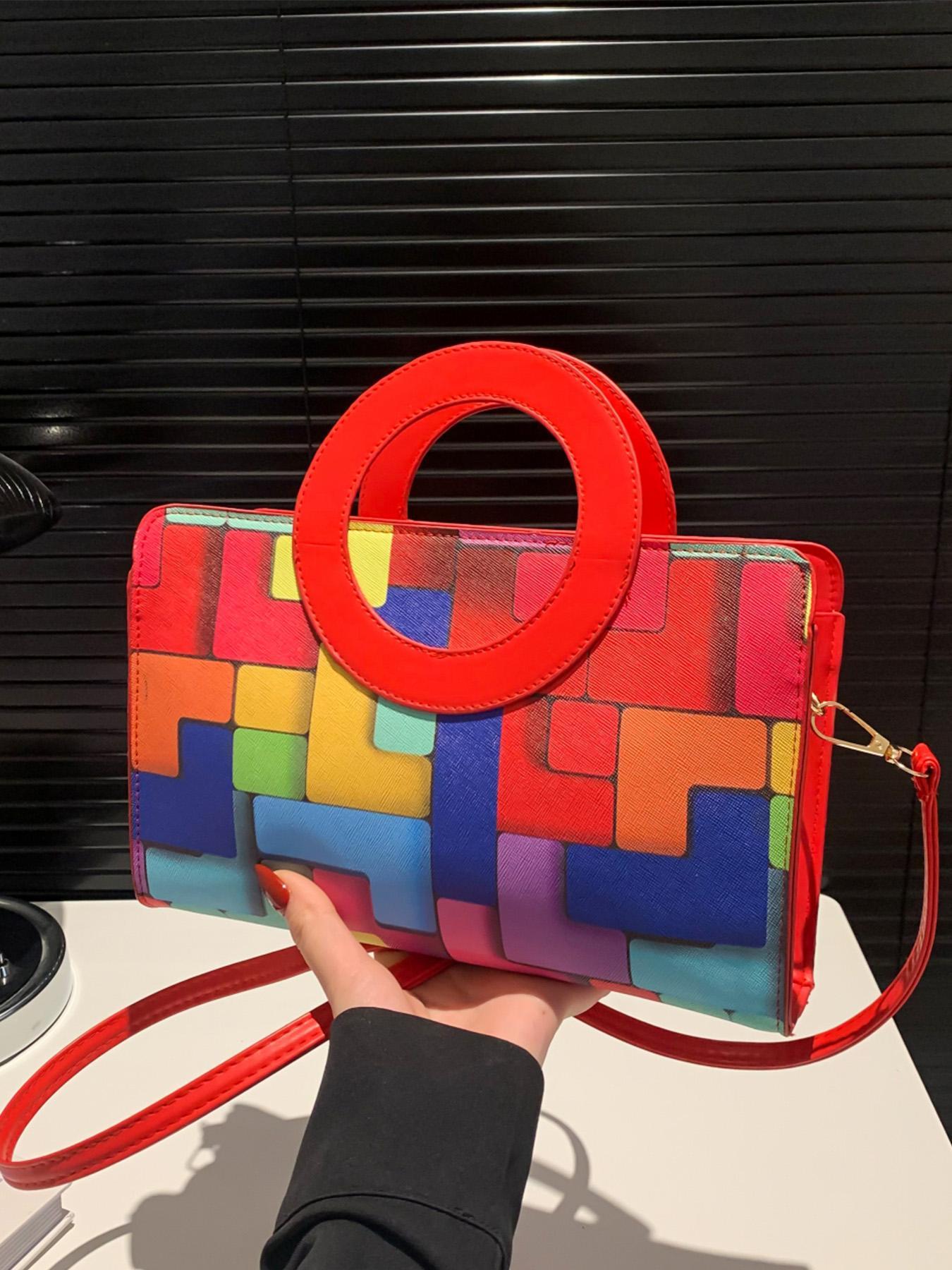 Valentine's Day Ladies' Handbags, Fashionable Retro Color-Blocked Design, Ideal for Commuting, Shopping, Dating & Parties, Colorblock Patchwork Handbag, Geometric Pattern Bag