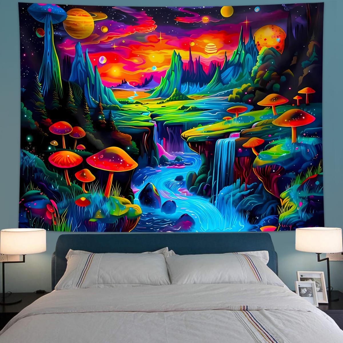 Neon Mushroom Landscape Tapestry, 1 Count UV Responsive Black Light Glow in the Dark Tapestry with Installed Accessories, Wall Decor for Home Living Room Bedroom