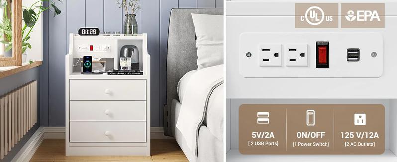 Sikaic Nightstand with 3 Drawers Charging Station White Bedside Cabinet Modern Accent Tables USB Ports Power Outlets Storage Modern Furniture