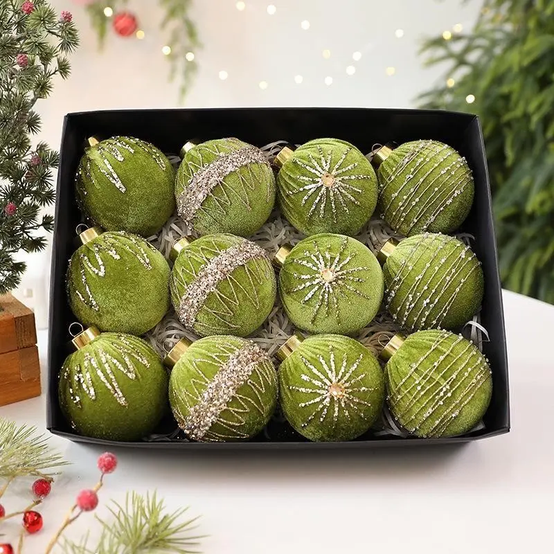 12 pieces of velvet-covered Christmas balls, retro and simple Christmas tree decorations, farmhouse-style holiday ornaments, interior home scene setting accessories