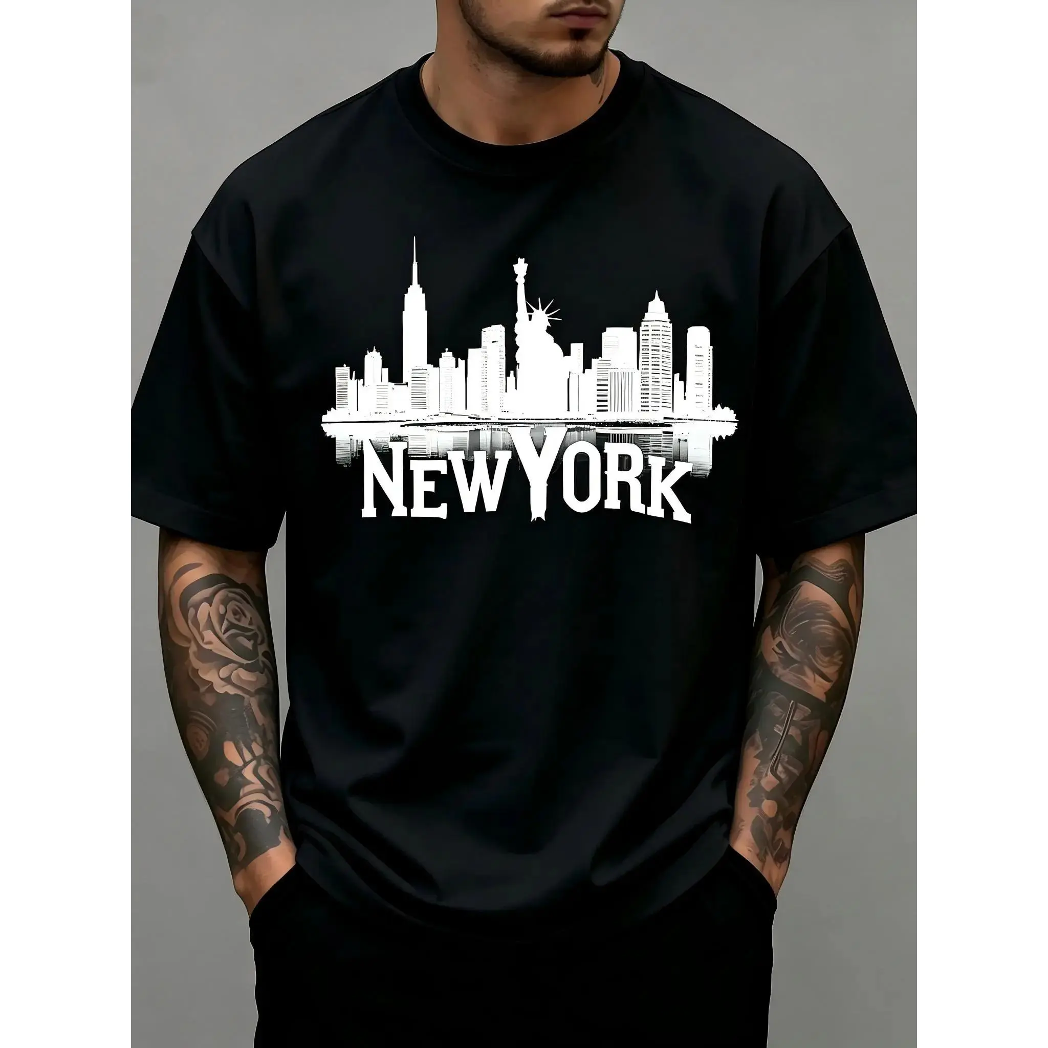 New York City Skyline Statue Of Liberty T-Shirt for Men & Women - NYC Urban Graphic, Soft Breathable Cotton Crew Neck Short Sleeve, All-Season Summer Spring Casual, Great Travel Streetwear & Gift, Machine Washable