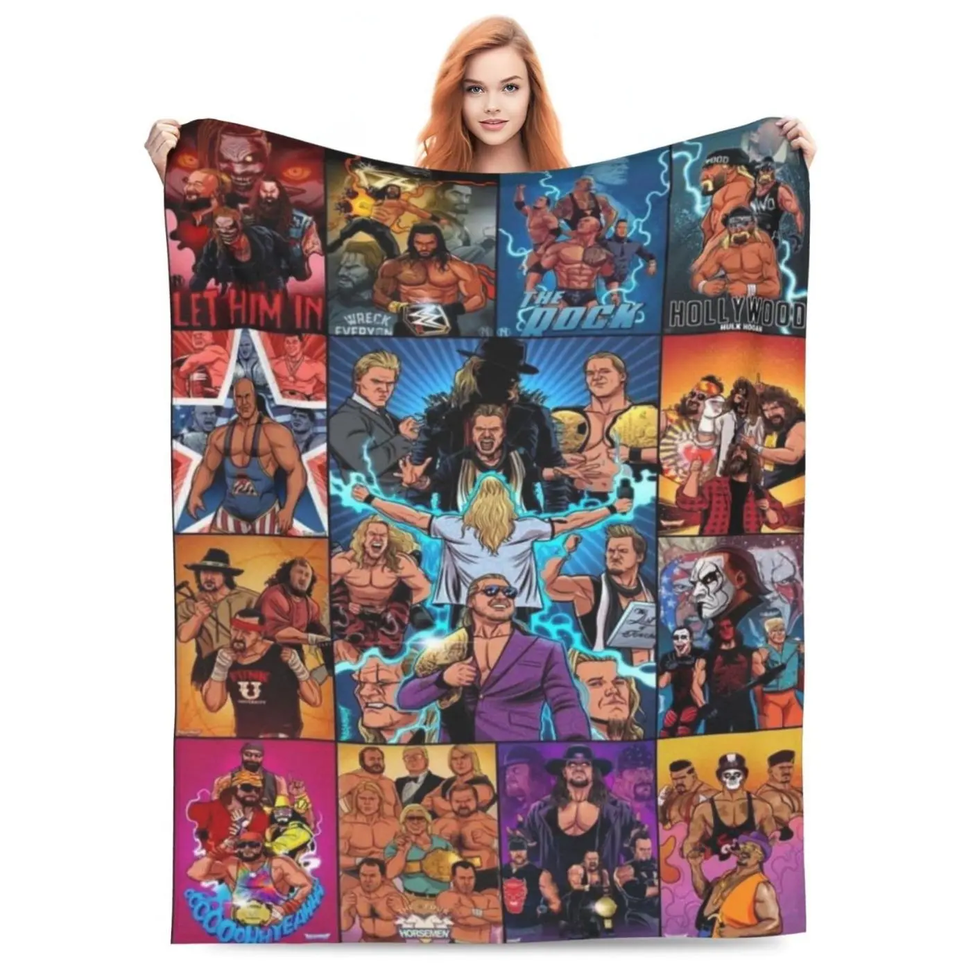 WrestleMania Legends Superstar Collage Anime-Style Polyester Flannel Blanket - High-Detail Print, Wrinkle-Resistant Polyester Fabric, Soft Warm Wrestling-Themed Throw for Couch, Garden, All-Season Gift for Fans