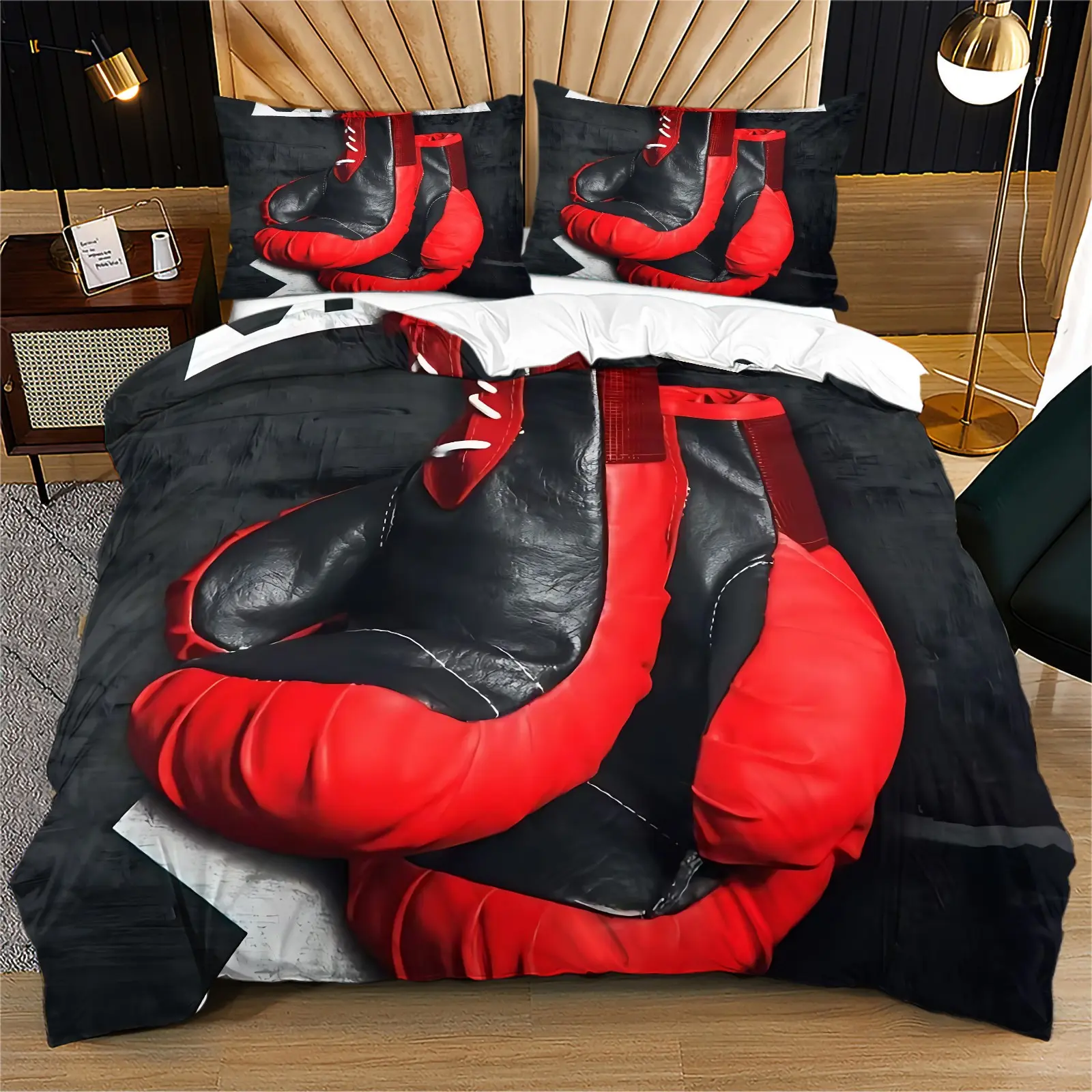 Red Black Boxing Gloves Sport Print Duvet Cover Set, Cool Fighter Training Gear Pattern Bedding Set, Soft Breathable Washable Bed Cover With Zipper & Corner Ties, Includes 2 Pillowcases - without Core