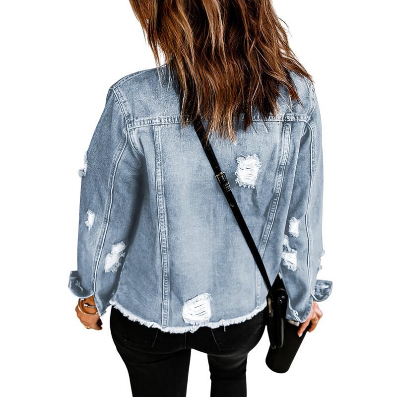 Women's Jean Jackets Non Stretch Boyfriend Washed Distressed Ripped Lapel Long Sleeve Denim Jacket Tops 2025 Spring Fall Womenswear Outfits Casual Coats