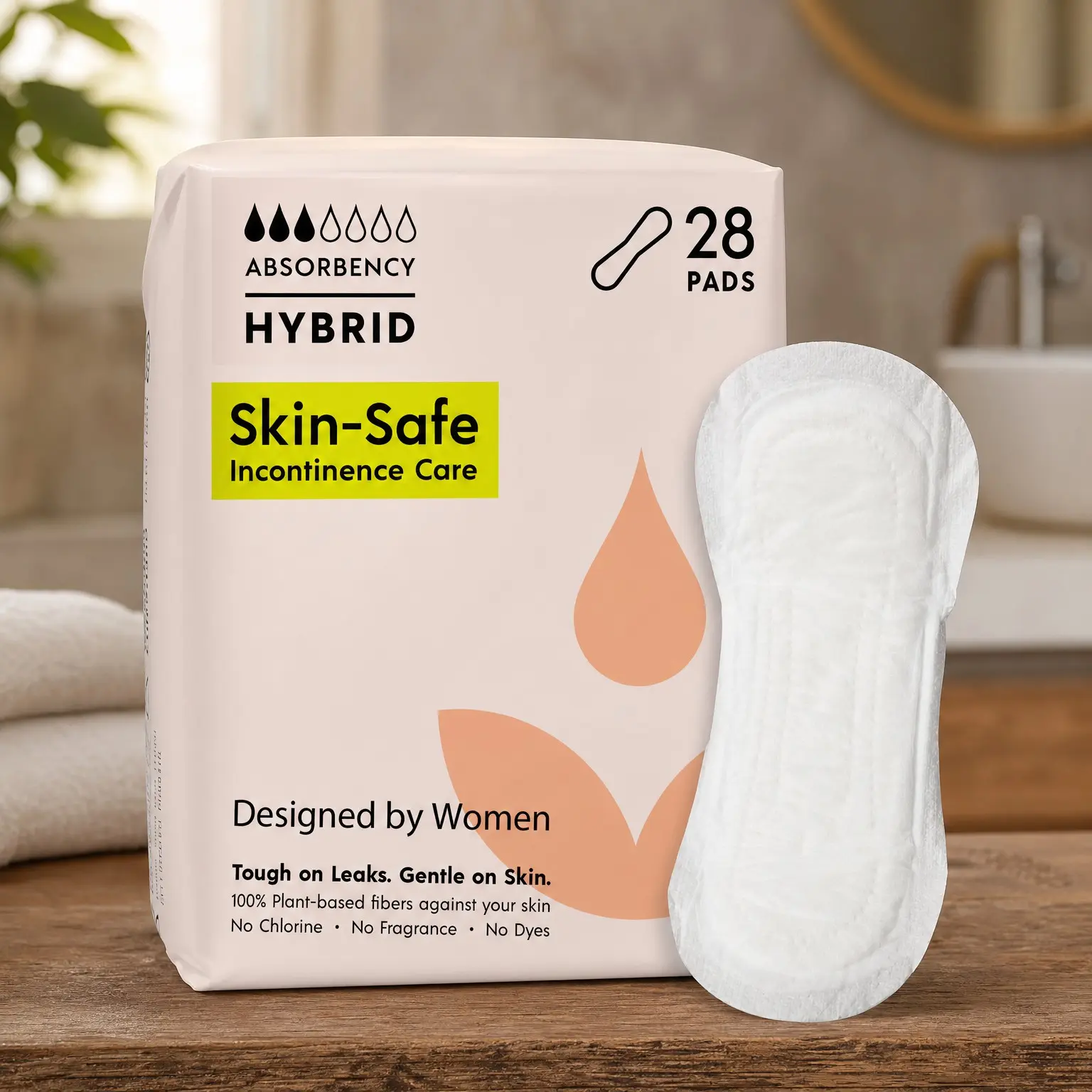 Hybrid Incontinence Pads for Women - Plant-Based, High Absorbency Breathable Pads for Light Bladder Leaks, Sensitive Skin Care, 28 Count