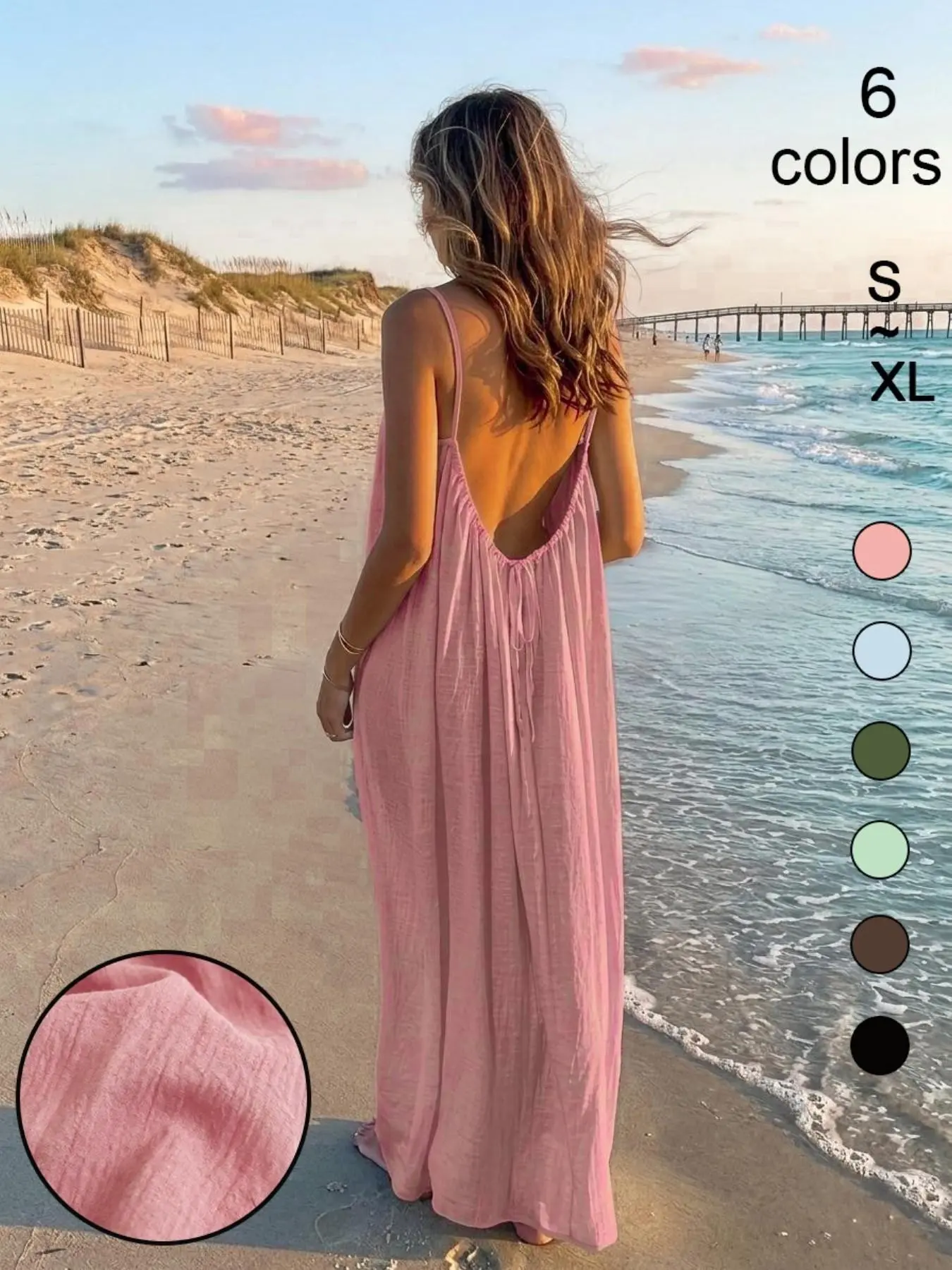 D2978 That Girl Viral Soft‑Life Summer Maxi Dress, Thin Straps with Ornate Back Tie Detail, Loose Air‑Flowy Silhouette, Breathable Sun‑Protective Outfit for Beach & Casual Travel