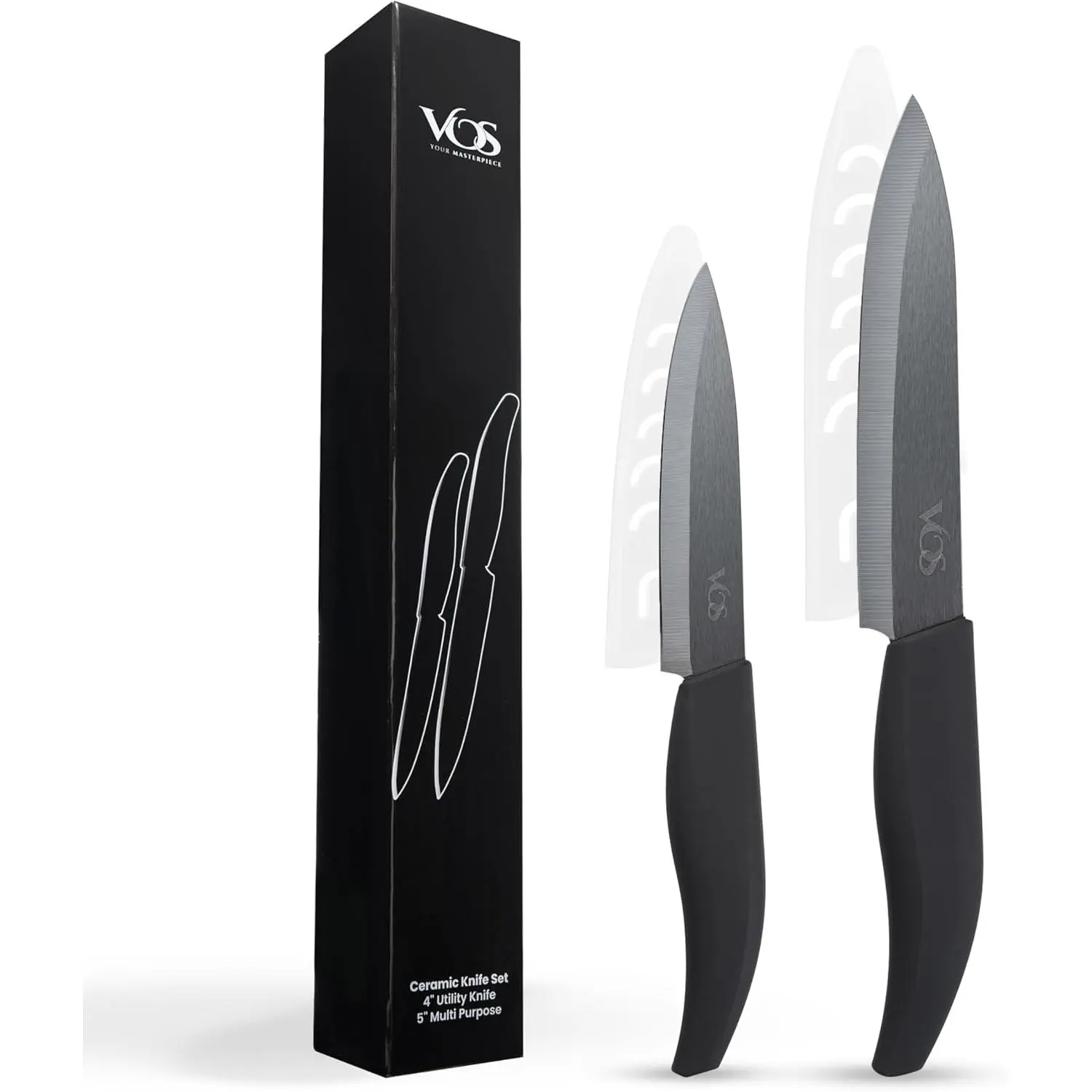 Black Handle 2-Piece Ceramic Kitchen Knives Set (Cutlery Set with Box), 5.5" Santoku & 4.5" Utility Knives with Covers, Ultra-Lightweight, Rust-Free, Dishwasher Safe, Synthetic Zirconia Blade with Sharpening Advantage