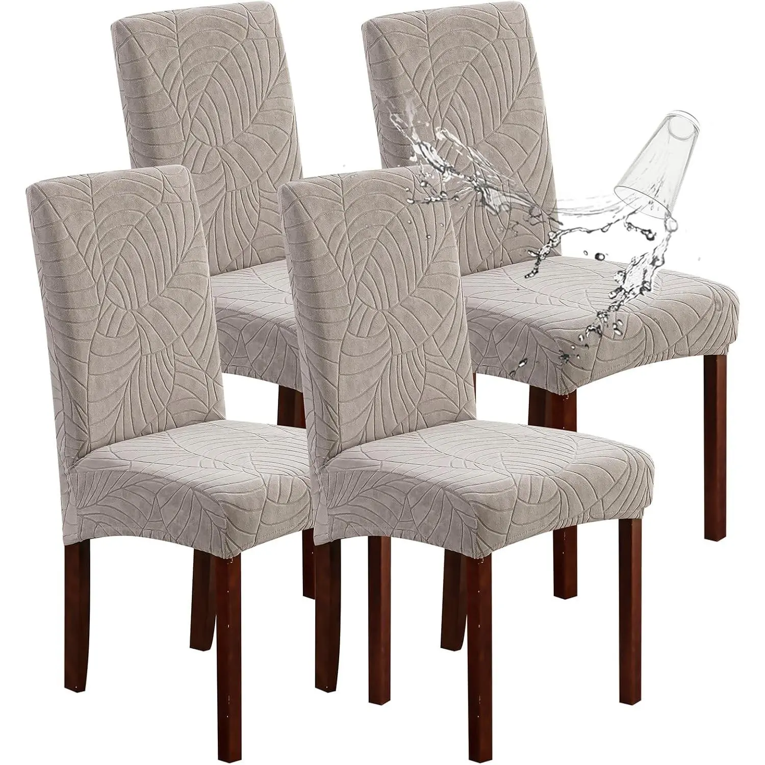 100% Waterproof Chair Covers for Dining Room Set of 4, Stretch Parson Chair Slipcovers for Kitchen Chairs, Washable Chair Protectors, Leaves-Warm Gray