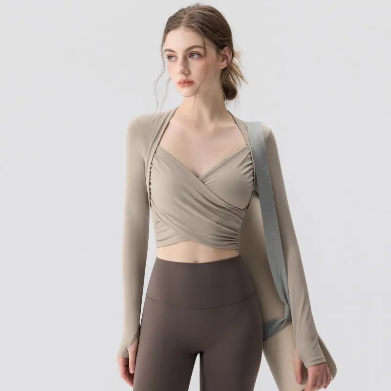 Women's Long Sleeve Yoga Top with Built in Bra Pad for Pilates Workout Fitness Training Fall Winter Season Stylish Faux Two Piece Design Athletic Activewear Tops