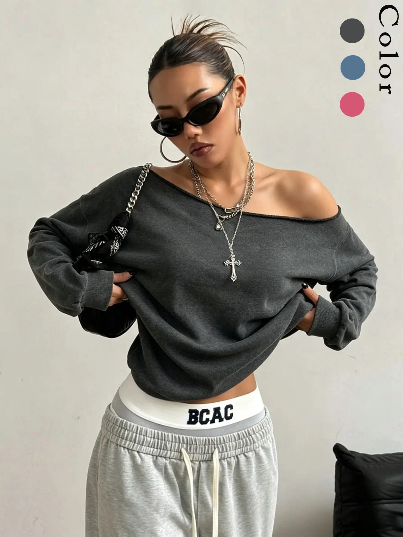 Vintage Washed Asymmetric Women's Sporty Slant Shoulder Athletic Sweatshirt, Casual Loose Long Sleeve, Perfect for Daily Commute, Leisure, and Fitness
