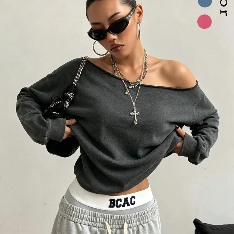Women's Vintage Washed Sporty Asymmetrical‑Shoulder Athletic Sweatshirt, Casual Loose Long-Sleeve Top, Athletic Apparel, Perfect for Daily Commute, Leisure and Fitness