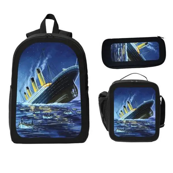3-Piece Titanic Ship Print Backpack Set for Active Teenagers, Water-Repellent 600d Oxford Cloth School Bag with Lunch Bag and Pencil Case, Summer Camps, Backpack Three-Piece Set