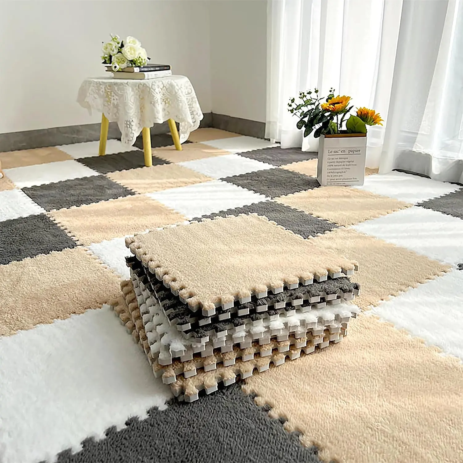 12 Pcs Plush Interlocking Carpet Tiles, Puzzle Play Mats for Floor