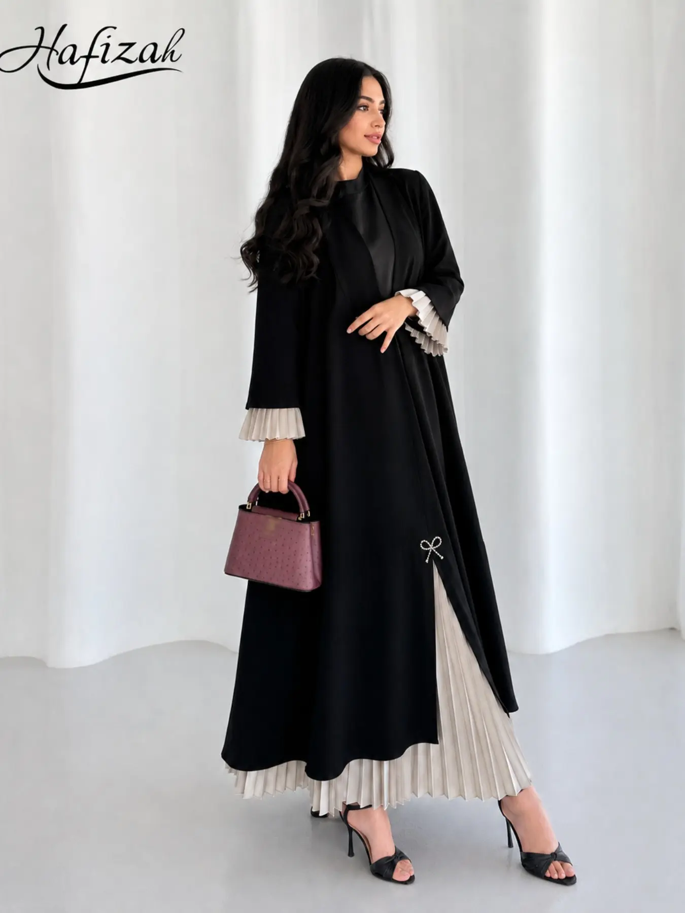 Women's Abaya Long Dress, Colorblock Pleated Sleeves and Hem, Bow Decoration, Elegant Muslim Long Dress for Eid and Ramadan