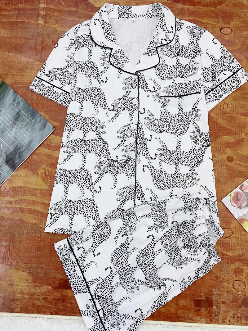 Women's Cheetah Print Short Sleeve Pajama, Casual Comfy Pocket Lapel Shirt & Elastic Waist Shorts PJ Set, Ladies Sleepwear for Summer, Loungewear