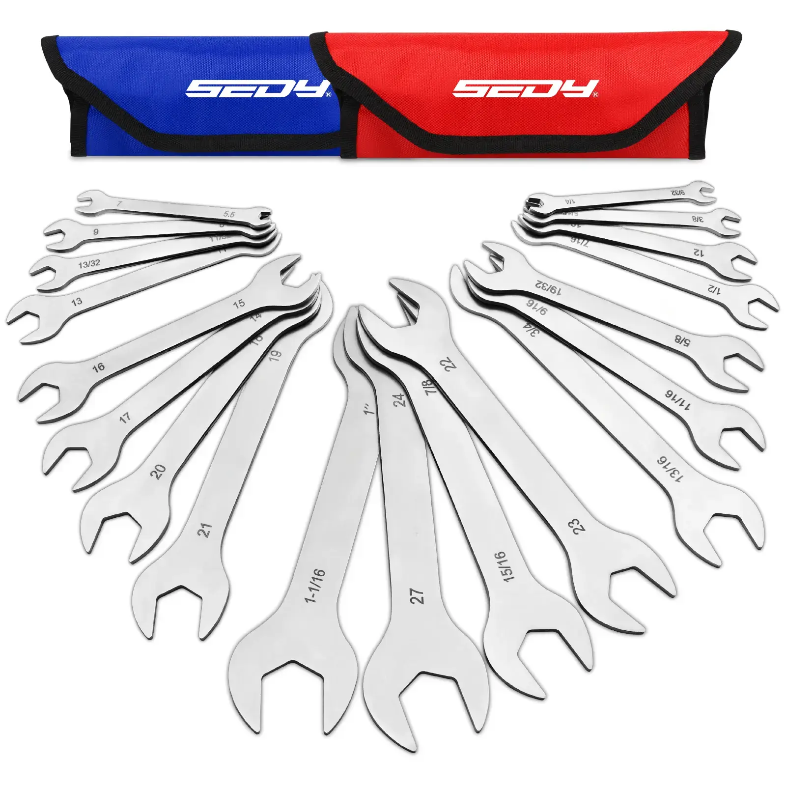 19-Piece Super Thin Open-End Wrench Set, SAE 1/4"-1-1/16" & Metric 5.5–27 mm, 3 mm Thickness Slim Wrench Set for Tight Spaces, Nickel Plated Flat Wrenches with Red & Blue Rolling Storage Pouches