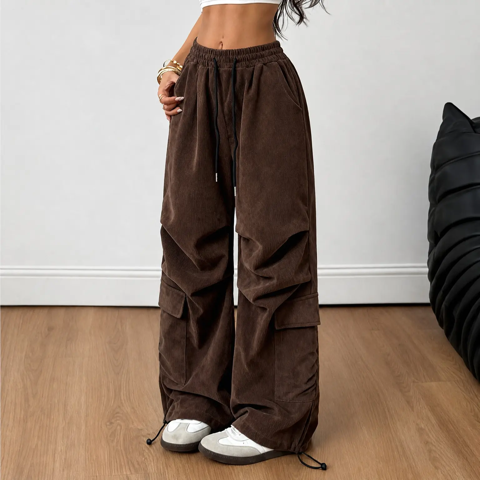 Viral Brown Corduroy Cargo Pants! Casual Fashion Pants, Baggy Wide-Leg Fit, Adjustable Drawstrings & Utility Pockets – Y2K Streetwear Aesthetic for Skater & Grunge Outfits. Trendy Cozy Soft Graphic Trousers!
