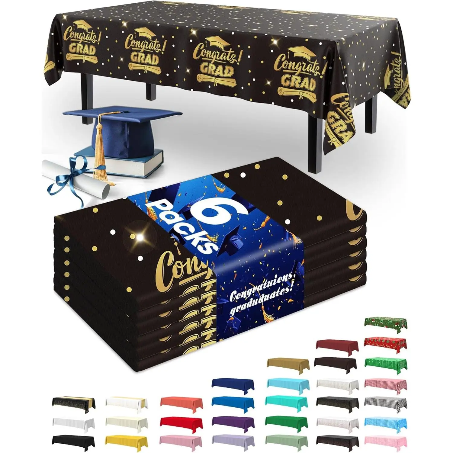 Class of 2026 Tablecloths 6 Pack Set, Disposable Rectangle Plastic Table Covers for Graduation Party Decorations, Black and White, Waterproof, 54x108 Inch