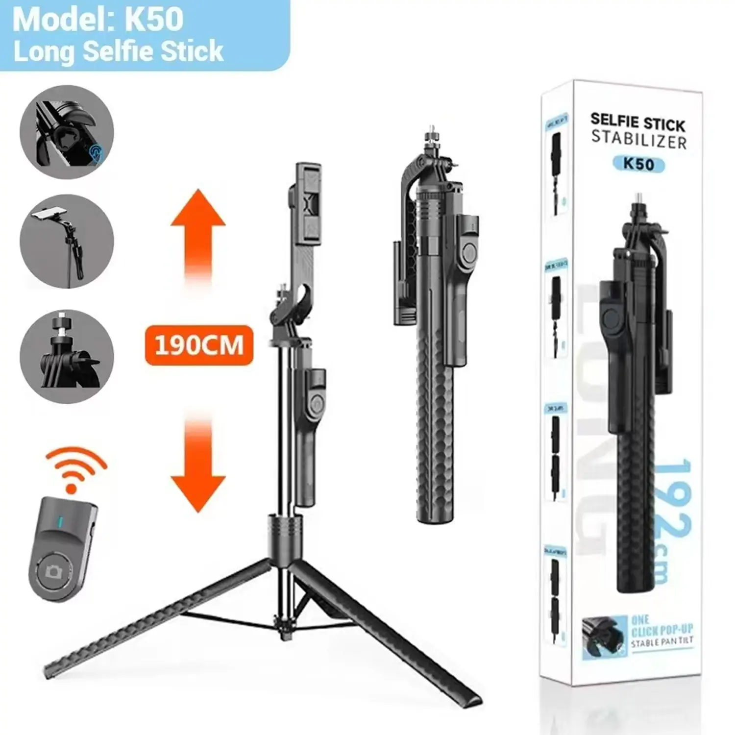 K50 Adjustable Phone Tripod Monopod, 74.8 Inch Extendable, 360 Rotatable, Bluetooth-compatible Remote, Portable, Foldable, Live Streaming Compatible
