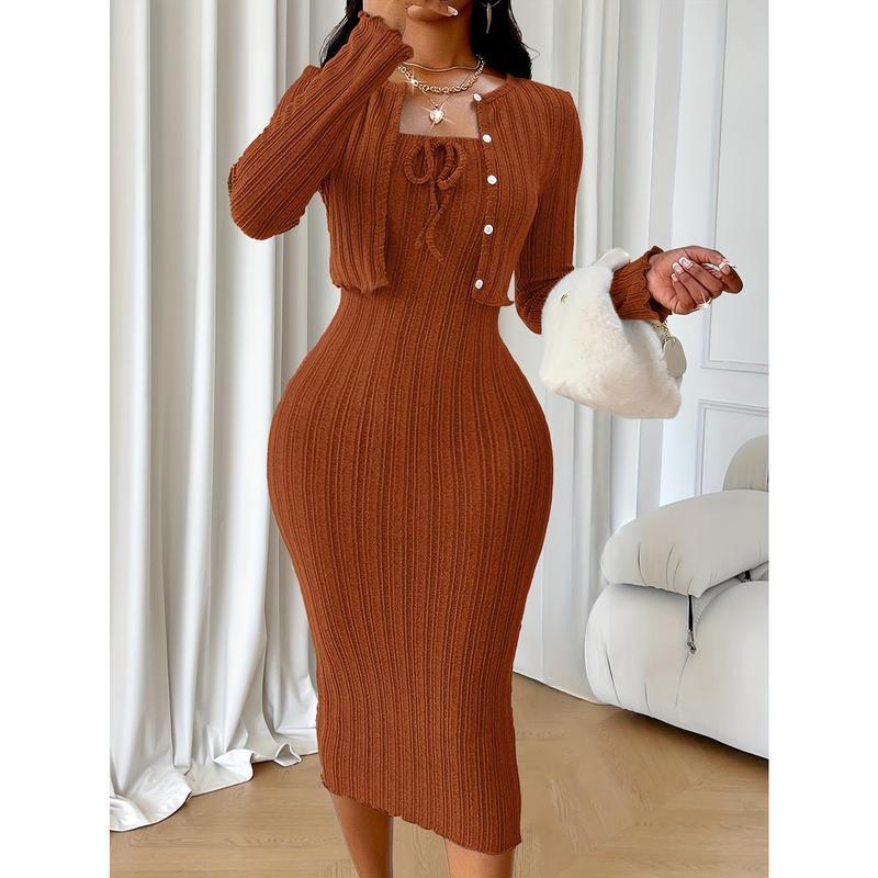 Elegant Ladies Two-Piece Set: Chic Solid Color Bow Tie Dress and Short Coat-Long Sleeve, Rib Knit, Machine Washable, Texture, Shirt Womenswear Womenswear