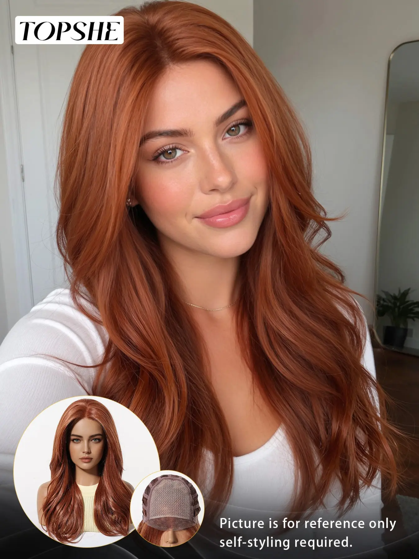 Topshe Viral HD Skin Melt Mono Lace Front Wig, Solid Ginger Copper Red Soft Loose Water Wave Long Curly Wig, Hand Tied Breathable Mono Top Realistic Scalp, Wear & Go Glueless No Bleach, Silky Tangle Free Heat Resistant Synthetic Hair, Glueless Wigs