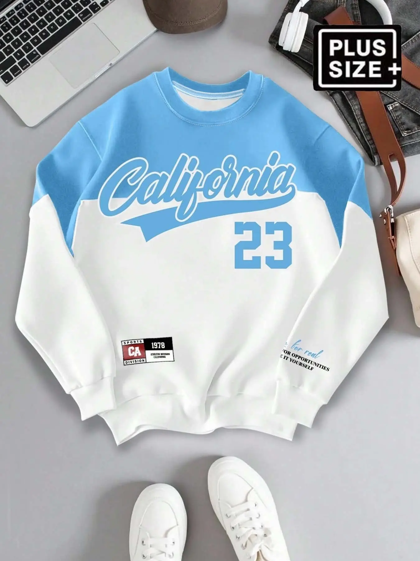 Big And Tall Men Crewneck Sweatshirt Plus Size Blue White Colorblock California Cursive Script Number 23 Graphic Print 1978 Sports Badge Oversized Vintage Athletic Preppy American Streetwear Casual Daily Outerwear Top