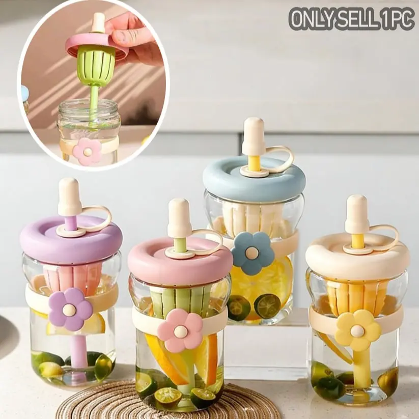 Floral Glass Cup 500ML with Straw and Lid, Tea Filter Beverage Cup, Floral Design for Milk and Juice, Non-Lead Crystal Glass