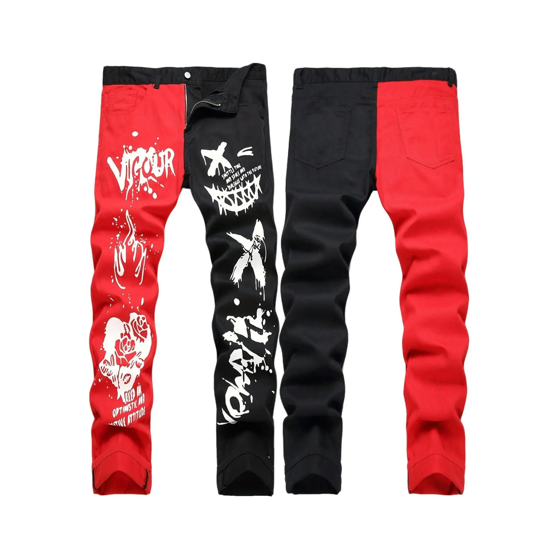 Men's Red & Black Split Color Graffiti Print Slim Fit Jeans, Streetwear Denim Pants