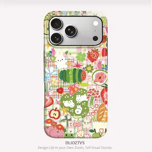 Cute Caterpillar and Fruit Collage Pattern Phone Case for iPhone 17 Pro Max 17Air 16 Plus 15 14 13 12, for Samsung Galaxy S26 Ultra S25 Edge S24 Plus S23 S22 S21 S20 FE, Shockproof Durable 2 in 1 Scratch Resistant New Material Protective Phone Cases