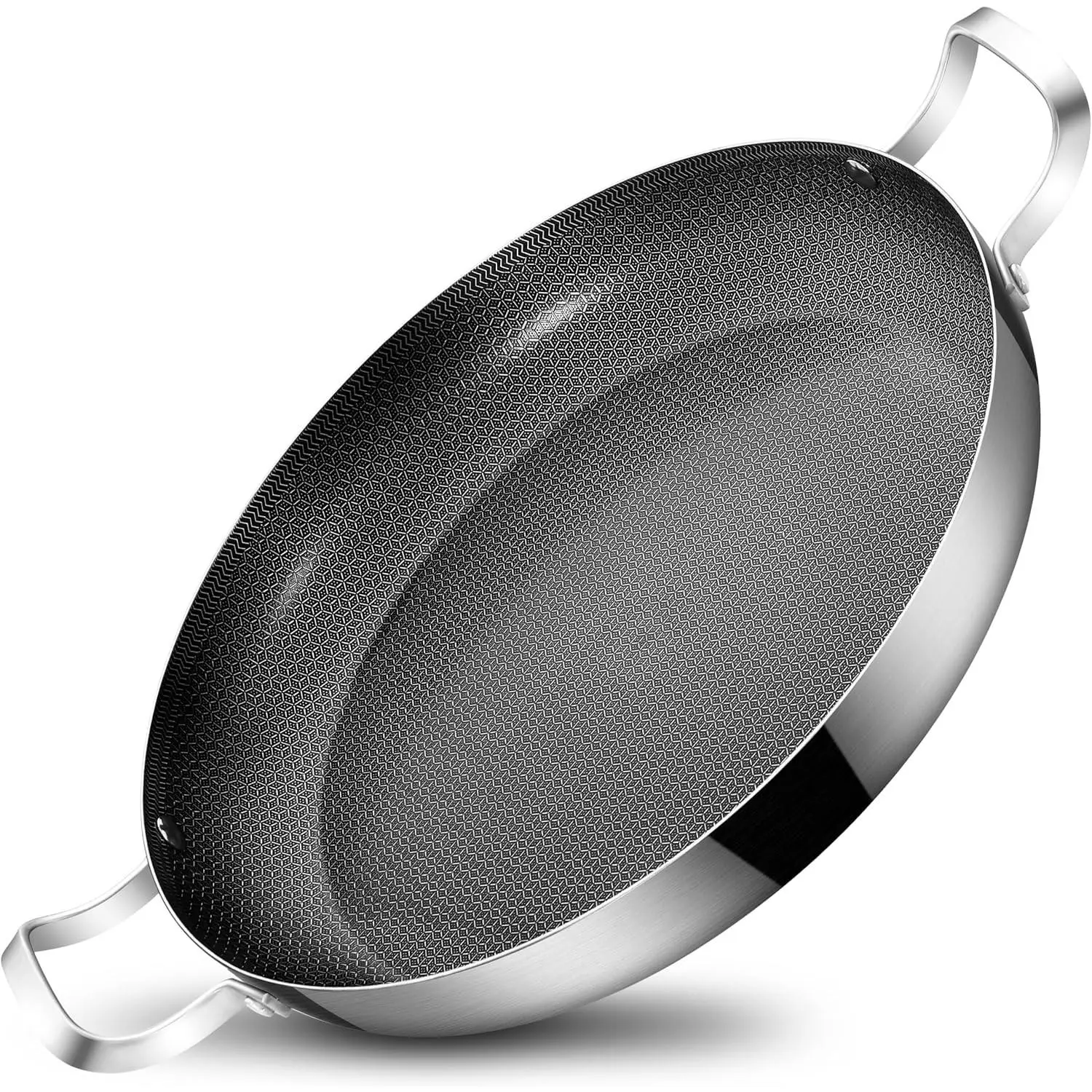 14 Inch Stainless Steel Paella Pan, Nonstick Ceramic Coating Induction Compatible Large Skillet Jumbo Cooker, Oven Safe, 5-8 Servings, Ideal for Spanish Rice, Seafood Authentic Paella and Socarrat