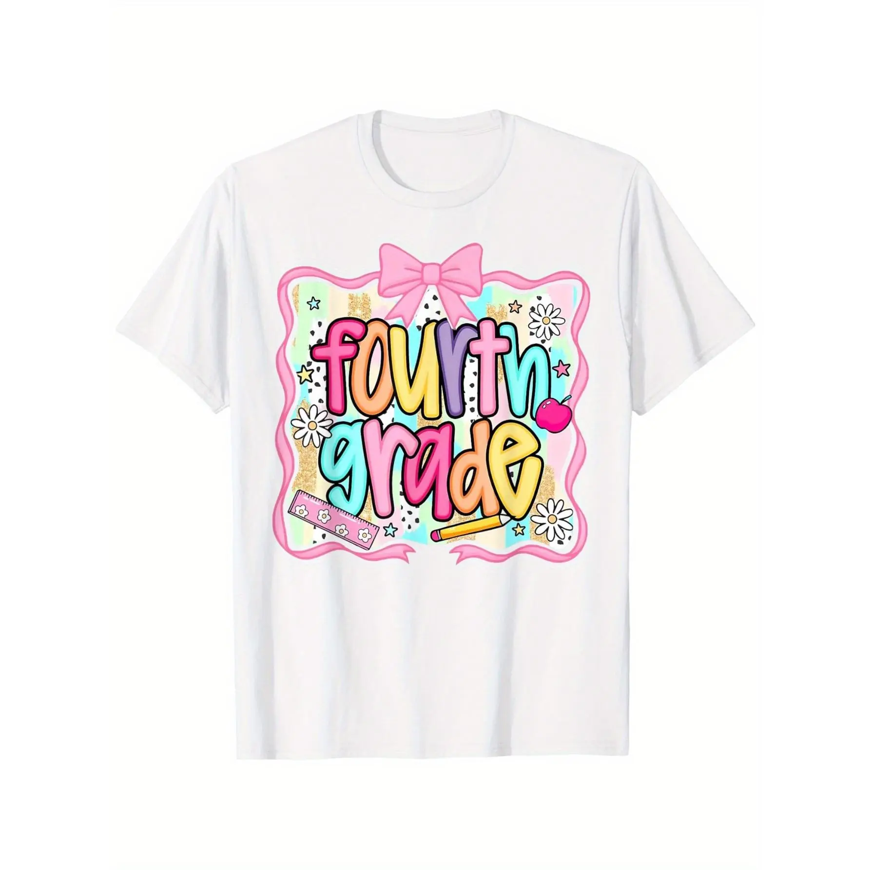 Fourth Grade School Shirt, Cute Bow Ruler Pencil Apple Graphic Tee, Back To School Outfit, Crew Neck Short Sleeve Top for Kids Boys Girls