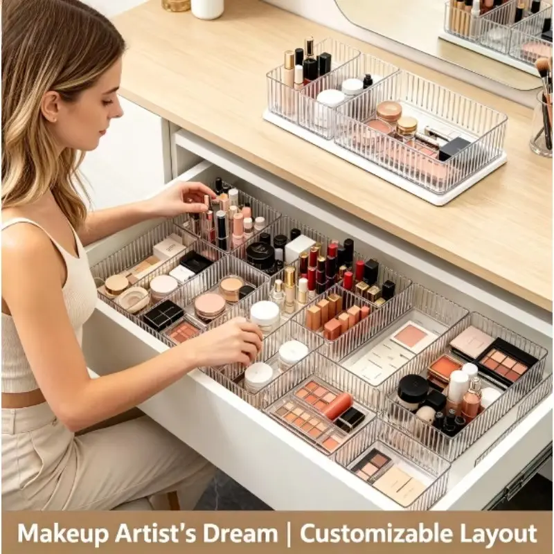 4Pcs Clear Vertical Striped Crystal Storage Trays S/M/L/XL Drawer Divider Organizer for Makeup Sundries